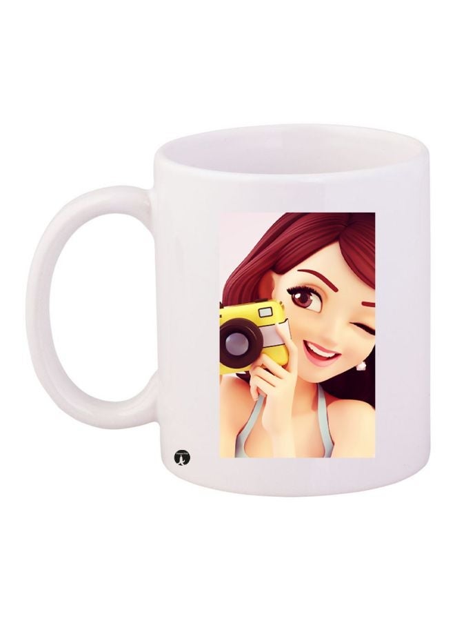 Woman Printed Ceramic Coffee Mug White/Yellow/Brown 11ounce