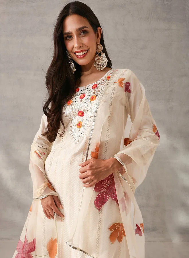 ISHIN Women's Off White Cotton Self Designed Tunic Upper Full Length Palazzo Bottom Regular Fit 3 Piece Kurta Set