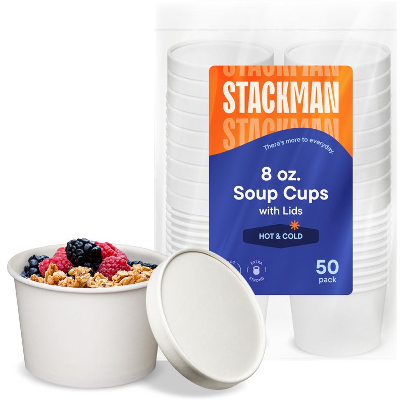 Stack Man 8 oz 50 Sets Paper Food Container with Lid Insulated Food Cups with Vented Lids Hot or Cold To Go Soup Cup for Soups Ice Cream and Yogurt EcoFriendly White