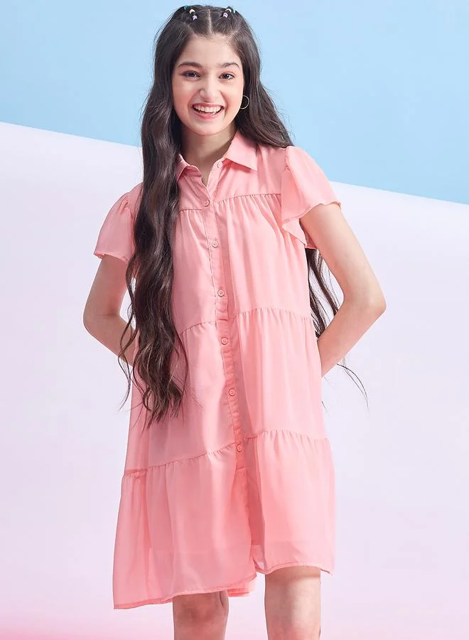 Stylo Bug Girls Peach Buttoned Tiered Mini Dress