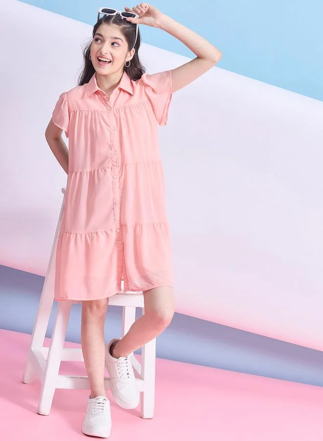 Stylo Bug Girls Peach Buttoned Tiered Mini Dress