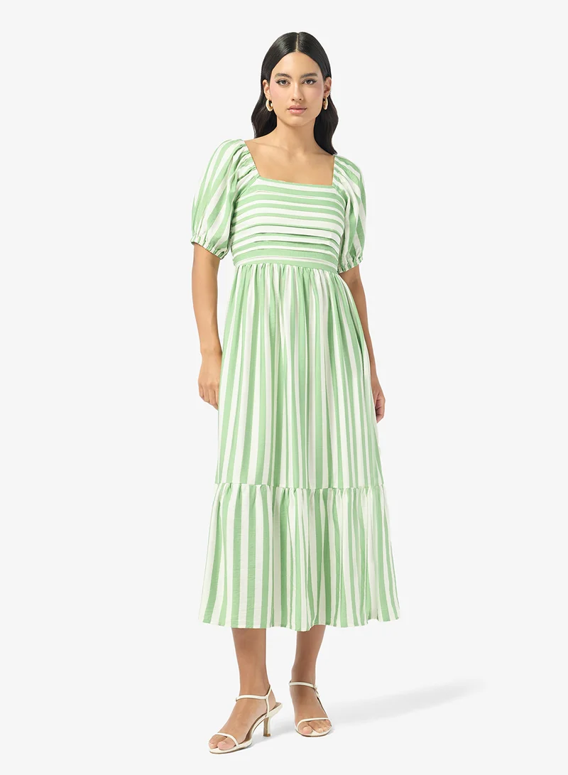 ستايل تشيت Striped Puff Sleeve Midi Dress