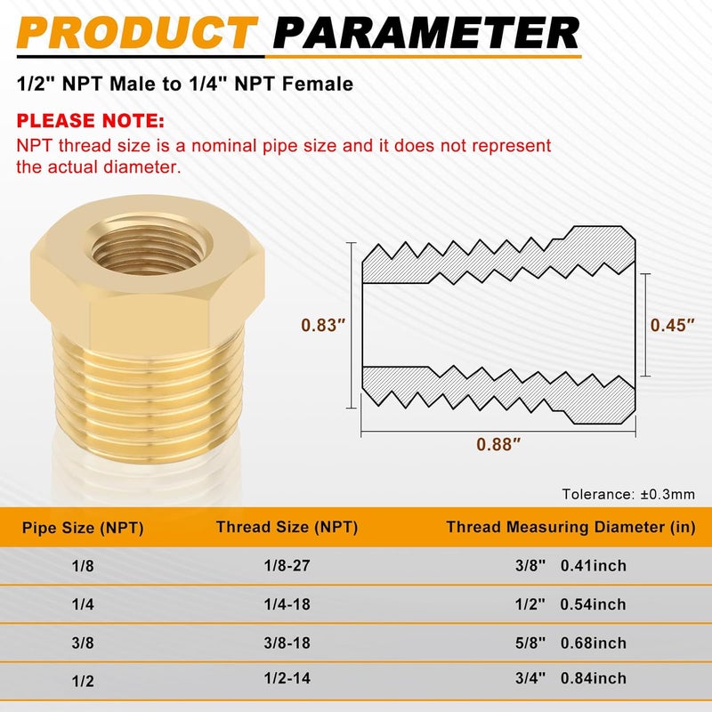 KOOTANS 4pcs Heavy Duty 1/2 NPT Male Thread to 1/4 NPT Female Thread Brass Reducer Hex Bushing Brass Fitting Pipe Hose Tube Adapter Convert - Image 2