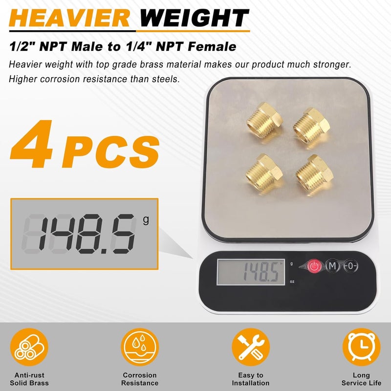 KOOTANS 4pcs Heavy Duty 1/2 NPT Male Thread to 1/4 NPT Female Thread Brass Reducer Hex Bushing Brass Fitting Pipe Hose Tube Adapter Convert - Image 5
