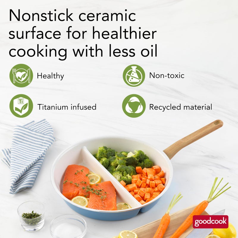 GoodCook Healthy Ceramic Titanium-Infused 12" Divided Skillet, Light Blue â€“ Ceramic Cookware, Nonstick Cooking Pan, Divided Frying Pan Skillet for Eggs, Meats, Vegetables, Sauces, Warming Tortillas - Image 3