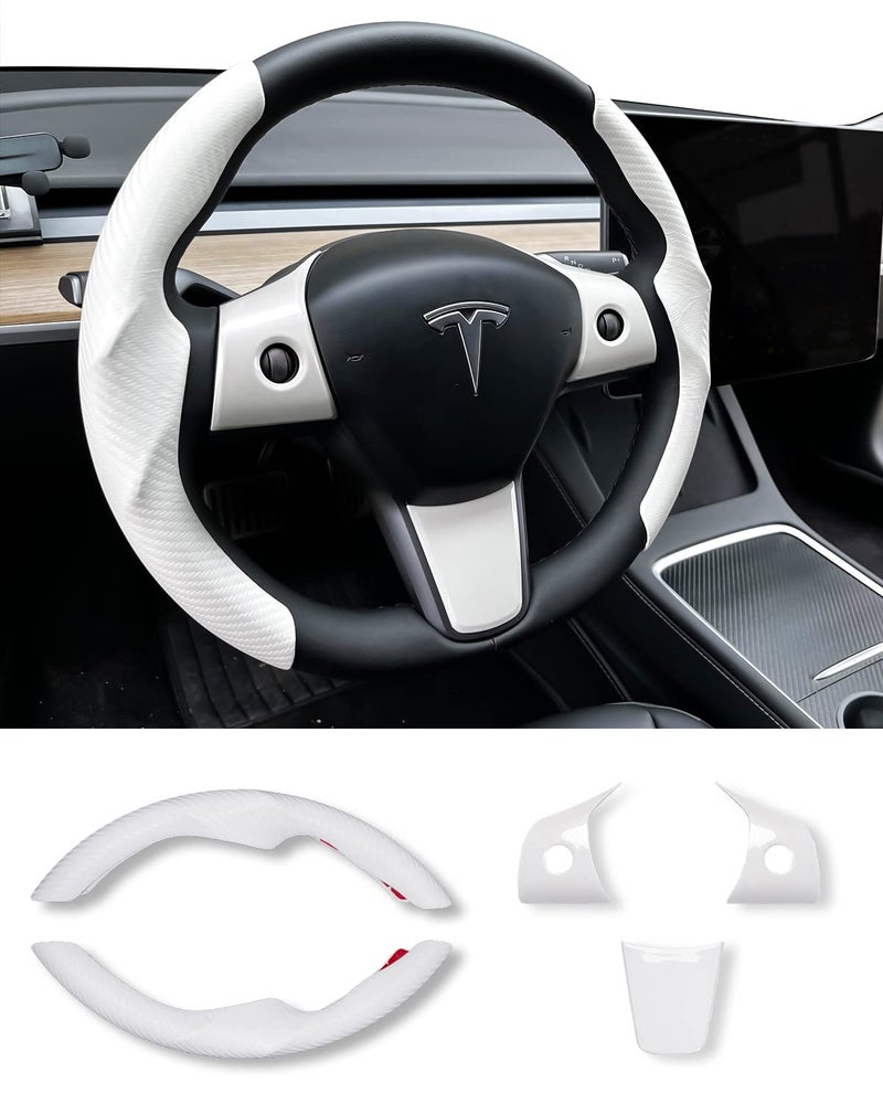 Uxcer Carbon Fiber Steering Wheel Cover ABS Wrap Kit for Tesla Model 3 Y Accessories White