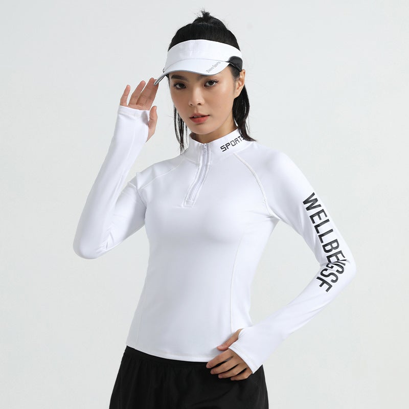 Fashion Casual Sports Jacket Running Fitness Training Half Zipper Slim-fit Long Sleeve Quick-drying Breathable Comfortable Top Women JK18-130 White 