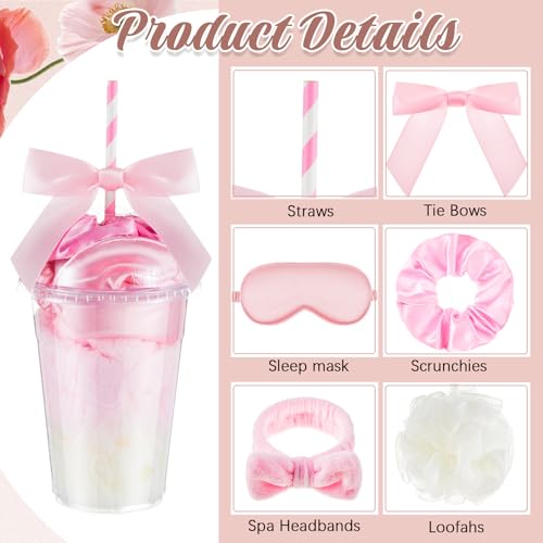 Nitial 56 Pcs Spa Sleepover Party Supplies Including Headband Sleep Eye Mask Velvet Scrunchies Bath Loofah Sponges Plastic Cup with Lids Straws for Girls' Night Birthday Party (Pink) - Image 3