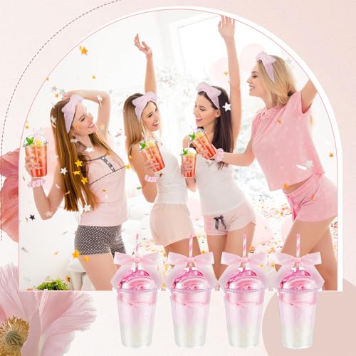 Nitial 56 Pcs Spa Sleepover Party Supplies Including Headband Sleep Eye Mask Velvet Scrunchies Bath Loofah Sponges Plastic Cup with Lids Straws for Girls' Night Birthday Party (Pink) - Image 4