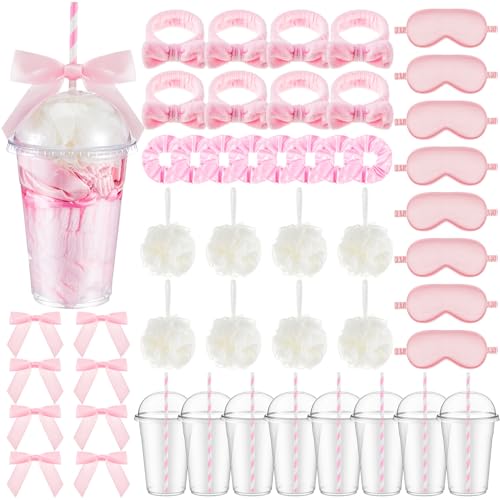 Nitial 56 Pcs Spa Sleepover Party Supplies Including Headband Sleep Eye Mask Velvet Scrunchies Bath Loofah Sponges Plastic Cup with Lids Straws for Girls' Night Birthday Party (Pink) - Image 1