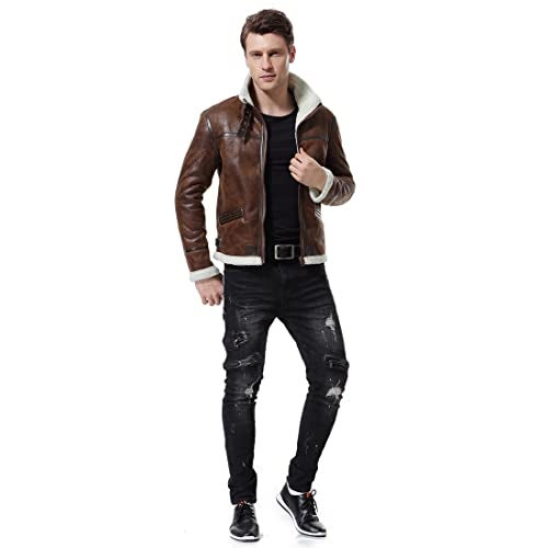 AOWOFS Men's Leather Jackets Aviator Bomber Jacket Men Brown Motorcycle Shearling Suede Coat - Image 2