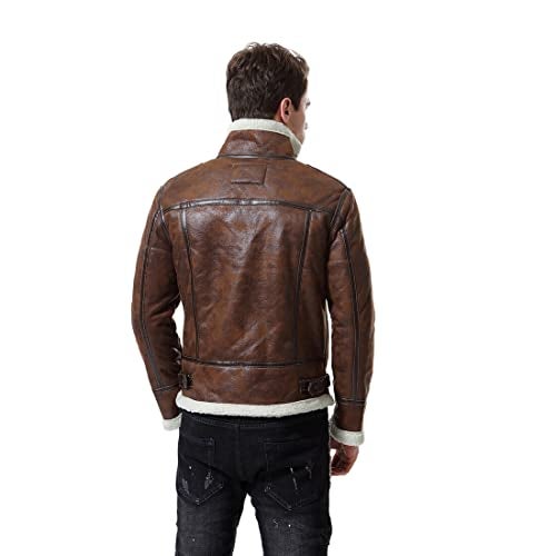 AOWOFS Men's Leather Jackets Aviator Bomber Jacket Men Brown Motorcycle Shearling Suede Coat - Image 5