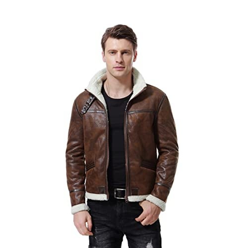 AOWOFS Men's Leather Jackets Aviator Bomber Jacket Men Brown Motorcycle Shearling Suede Coat - Image 1