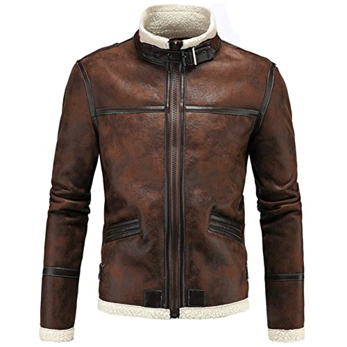 AOWOFS Men's Leather Jackets Aviator Bomber Jacket Men Brown Motorcycle Shearling Suede Coat - Image 3