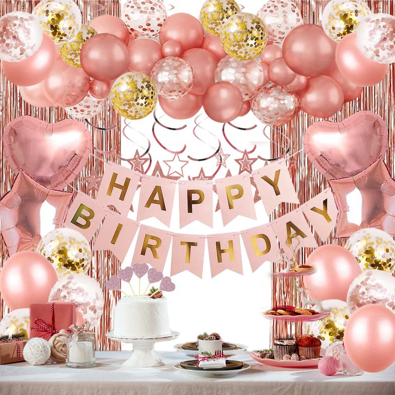 ORDA Rose Gold Birthday Party Decorations, Happy Birthday Banner, Rose Gold Fringe Curtain, Heart Star Foil Confetti Balloons, Hanging Swirls for Women Girls Birthdays Princess Party - Image 1