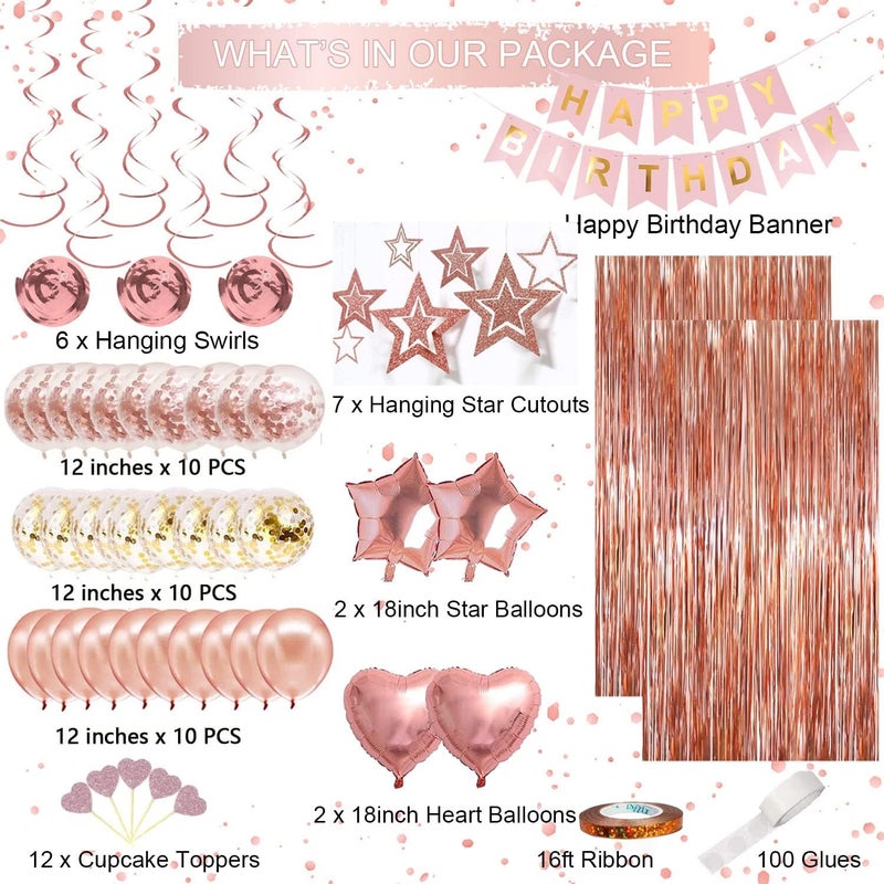 ORDA Rose Gold Birthday Party Decorations, Happy Birthday Banner, Rose Gold Fringe Curtain, Heart Star Foil Confetti Balloons, Hanging Swirls for Women Girls Birthdays Princess Party - Image 2
