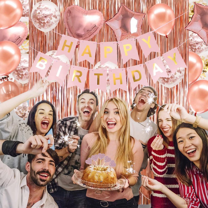 ORDA Rose Gold Birthday Party Decorations, Happy Birthday Banner, Rose Gold Fringe Curtain, Heart Star Foil Confetti Balloons, Hanging Swirls for Women Girls Birthdays Princess Party - Image 5