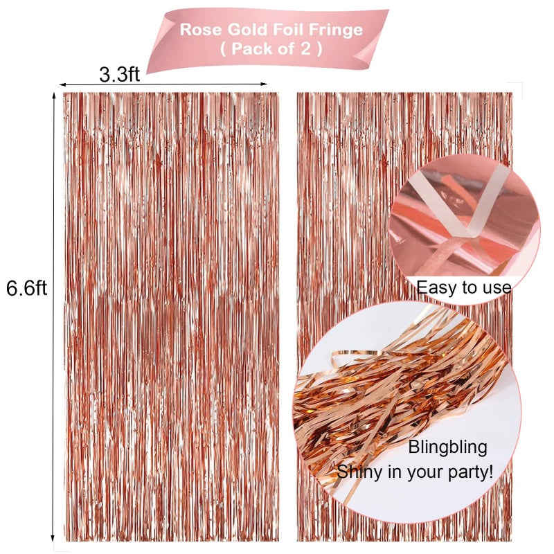 ORDA Rose Gold Birthday Party Decorations, Happy Birthday Banner, Rose Gold Fringe Curtain, Heart Star Foil Confetti Balloons, Hanging Swirls for Women Girls Birthdays Princess Party - Image 3