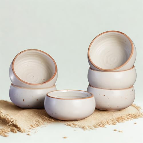 Freakway Hand-Painted Cream White Matte Finish Ceramic Bowl Set of 6 (150ml) | Small Serving Soup Bowls, Cereal Bowl, Pasta Bowls | Dishwasher & Microwave Safe - Off White - Image 1