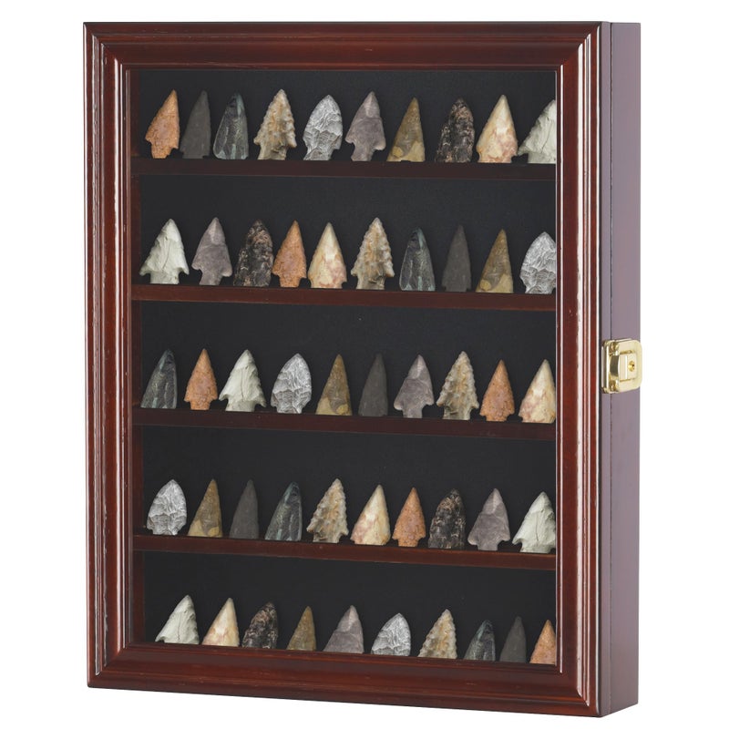 Arrowhead Display Case Native American Shadow Box Wall Mount Cabinet with UV Protection for Agate Opal Stone Arrowheads Spear Points Mahogany Finish