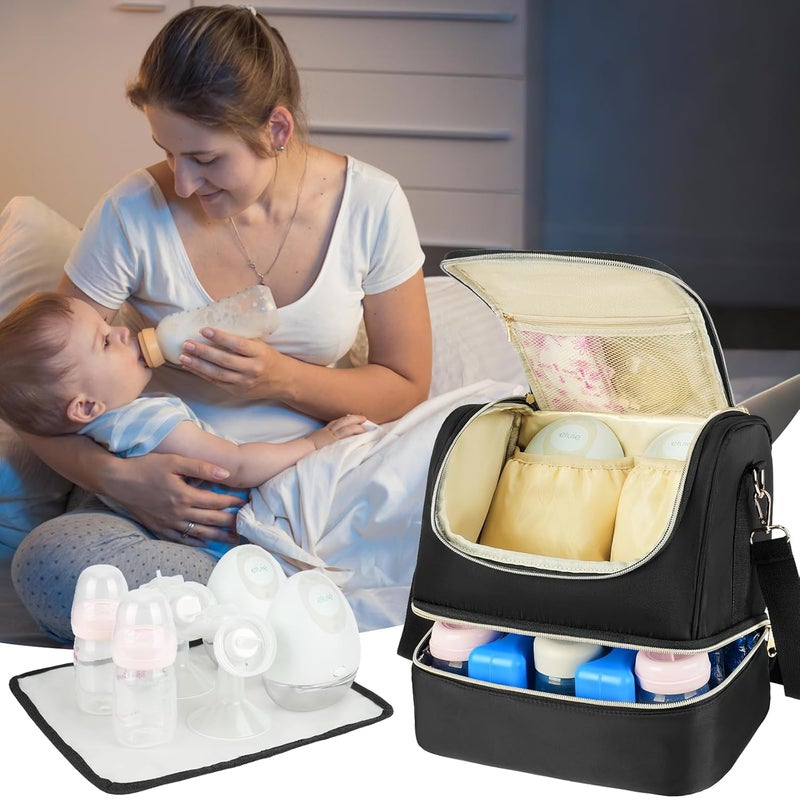 Jaffzora حقيبة مضخة الثدي القابلة للارتداء مع قسم للتبريد تناسب WillowElvieMomcozy M5S12 ProMedela حقيبة سفر لحليب الثدي مع حزمة ثلجية حصيرة مقاومة للماء سوداء - Image 2