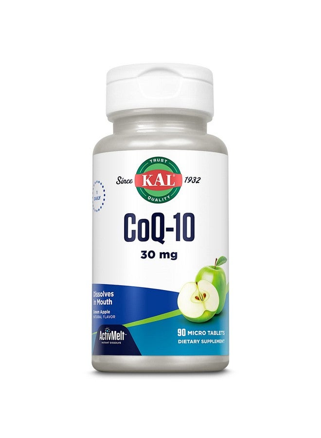 KAL Coq10 30Mg Antioxidant Formula Coenzyme Q10 Supplement For Heart Health And Cellular Energy Support Fast Dissolving Activmelts Vegetarian Natural Green Apple Flavor 90 Serv 90 Micro Tablets - Image 1