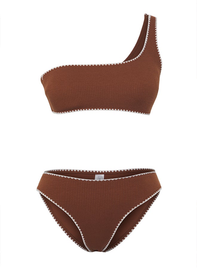 trendyol Brown One Shoulder Embroidered Textured Regular Bikini Set  - Image 5