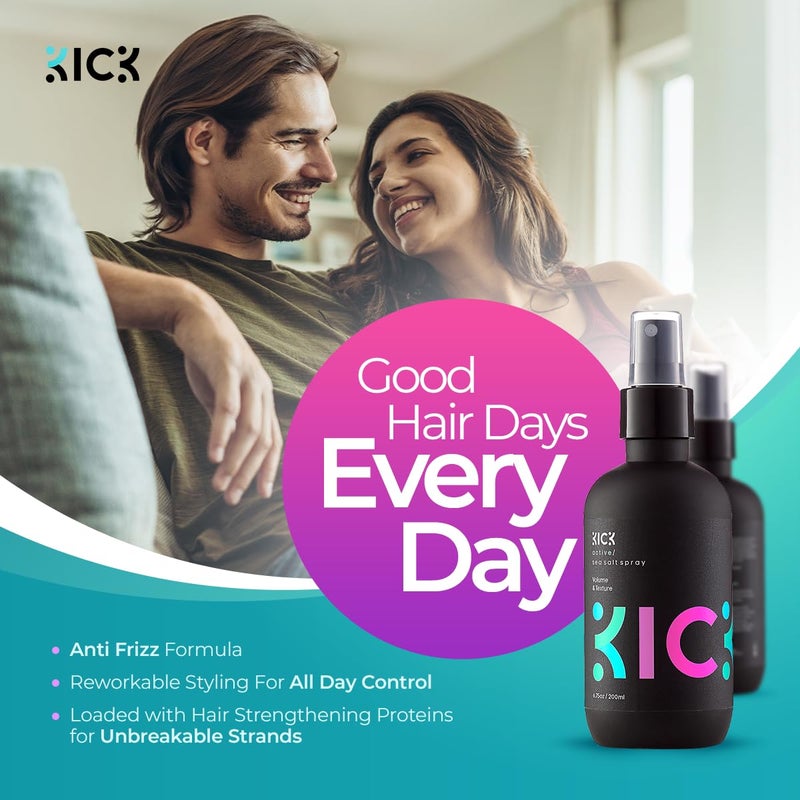 Kick Sea Salt Spray for Men's Hair - 200ml - Light Hold Texturizing Spray for Beachy Waves, Surfer Style and All-Day Fullness - Natural Finish for Thick, Wavy or Fine Hair - Image 3