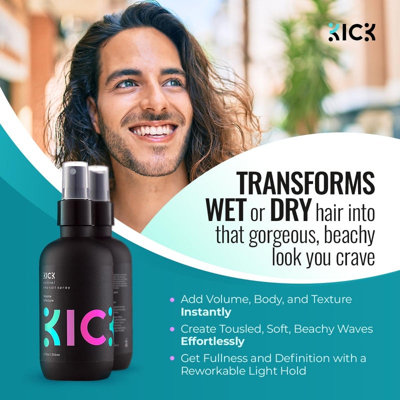 Kick Sea Salt Spray for Men's Hair - 200ml - Light Hold Texturizing Spray for Beachy Waves, Surfer Style and All-Day Fullness - Natural Finish for Thick, Wavy or Fine Hair - Image 2