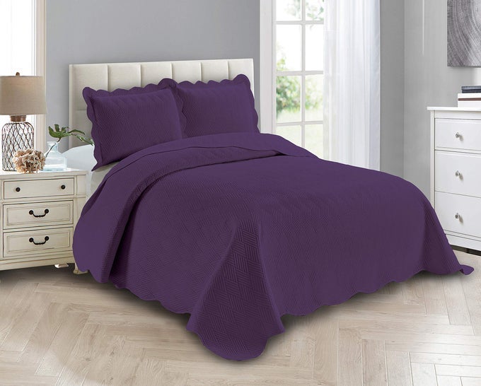 LUXURY OVERSIZED COVERLET EMBOSSED BEDSPREAD SET SOLID PURPLE KINGCALIFORNIA KING BED COVER NEW ASHLEY