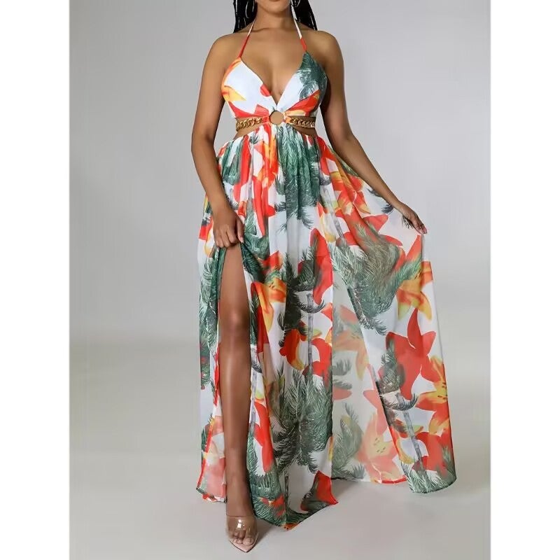 Women's French Style Floral Print V-Neck Sleeveless Backless Side Slit Maxi Dress - Image 3