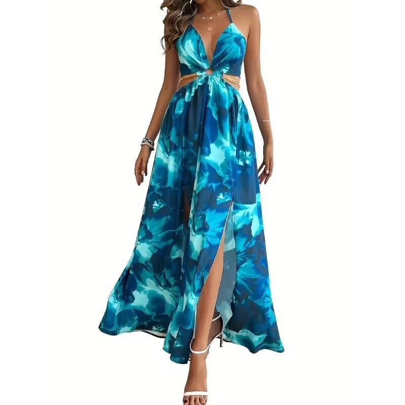 Women's French Style Floral Print V-Neck Sleeveless Backless Side Slit Maxi Dress - Image 2