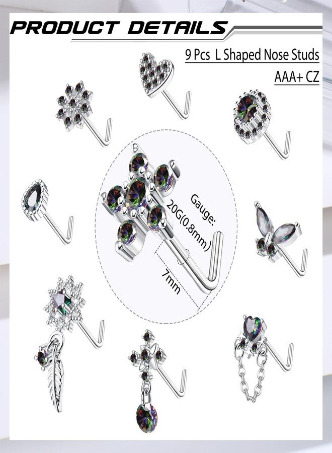ORAZIO 9Pcs Stainless Steel Nose Rings Studs L-Shape Nose Piercing Jewerly for Women, Cubic Zirconia, cubic zirconia - Image 2