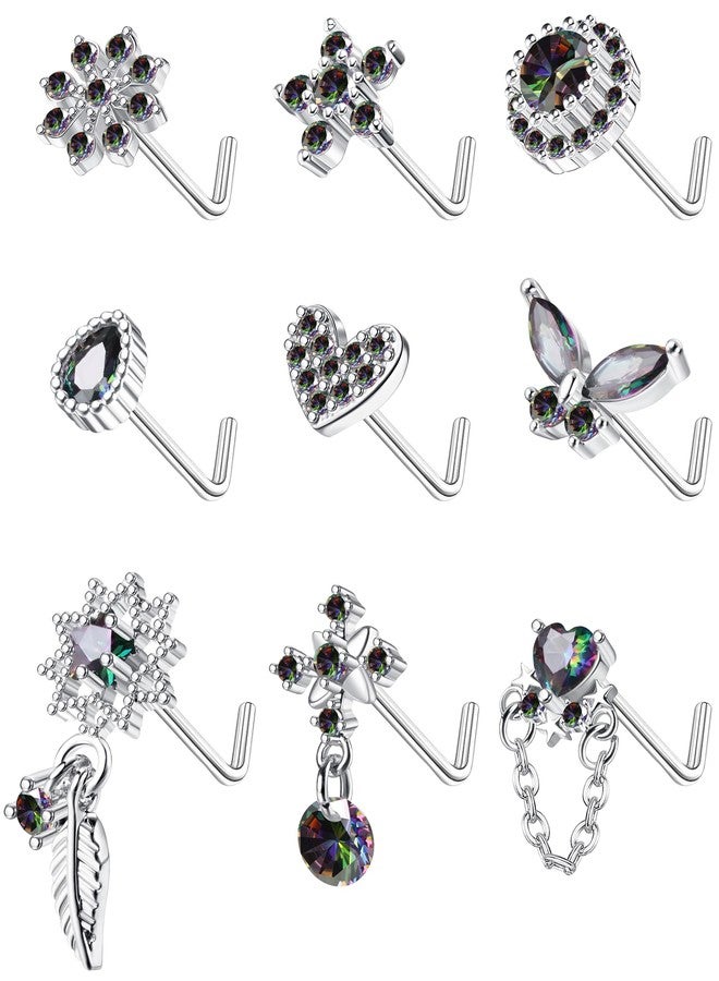 ORAZIO 9Pcs Stainless Steel Nose Rings Studs L-Shape Nose Piercing Jewerly for Women, Cubic Zirconia, cubic zirconia - Image 1
