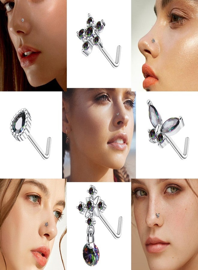 ORAZIO 9Pcs Stainless Steel Nose Rings Studs L-Shape Nose Piercing Jewerly for Women, Cubic Zirconia, cubic zirconia - Image 3