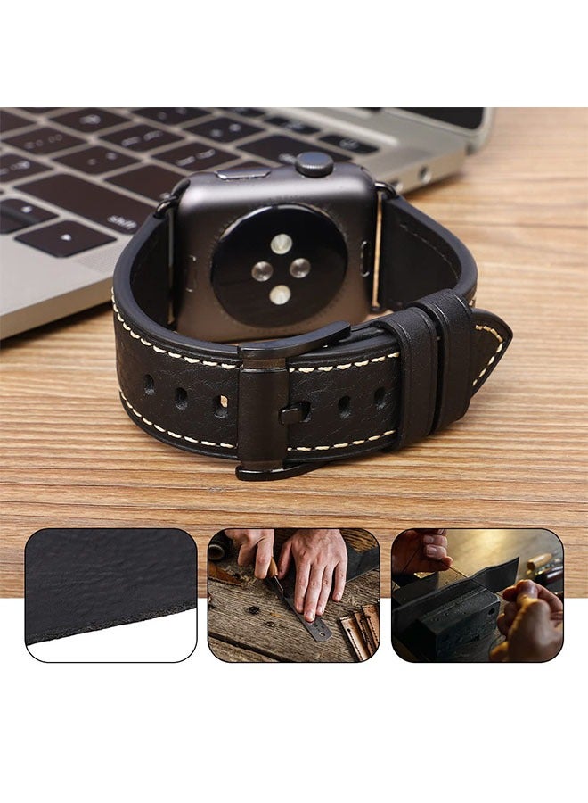 Genuine Leather Band Strap For Apple Watch Bands 42mm 44mm 45mm 49mm,for iWatch Series 8,7,6,5,4,3,2,1, Ultra Sport SE, Black - Image 5