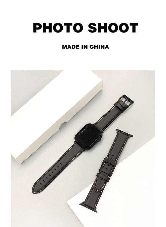 Genuine Leather Band Strap For Apple Watch Bands 42mm 44mm 45mm 49mm,for iWatch Series 8,7,6,5,4,3,2,1, Ultra Sport SE, Black - Image 3