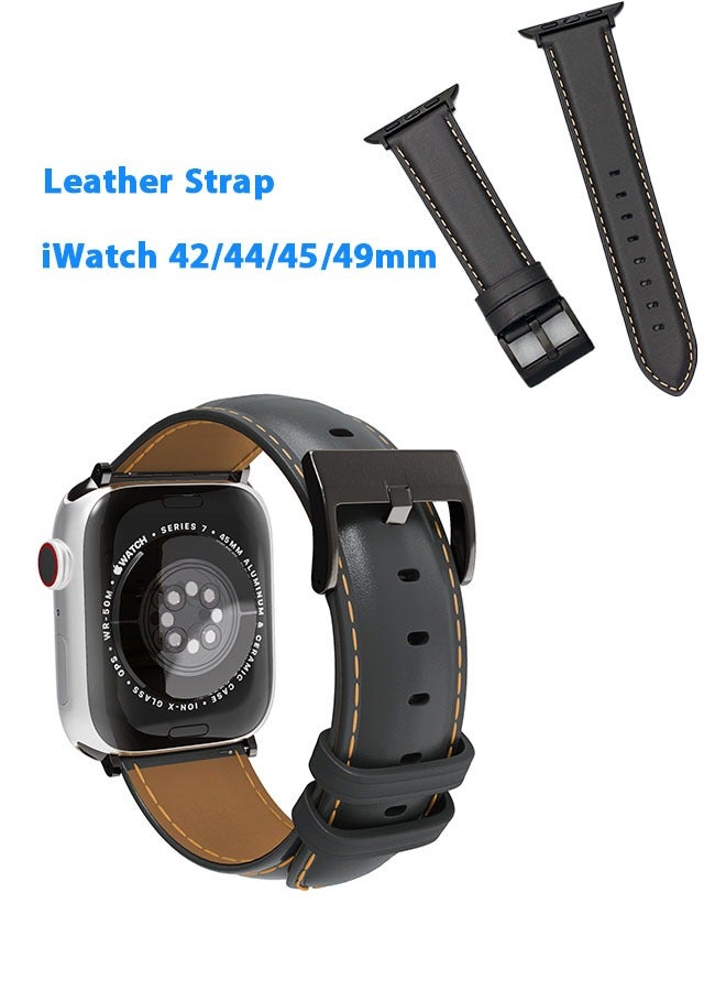Genuine Leather Band Strap For Apple Watch Bands 42mm 44mm 45mm 49mm,for iWatch Series 8,7,6,5,4,3,2,1, Ultra Sport SE, Black - Image 1