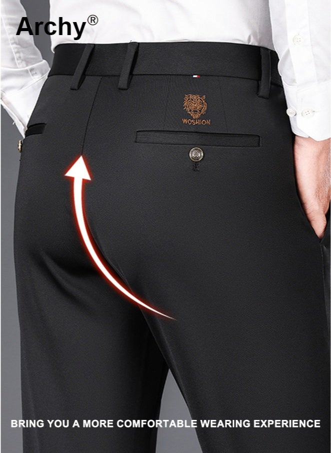 Archy 2PCS Men's Tiger Head Embroidery Business Pants - 4-Way Stretch Straight Fit | Wrinkle-Resistant, High-Waist Loose Design for Middle-Age | Black & Navy Set - Image 2