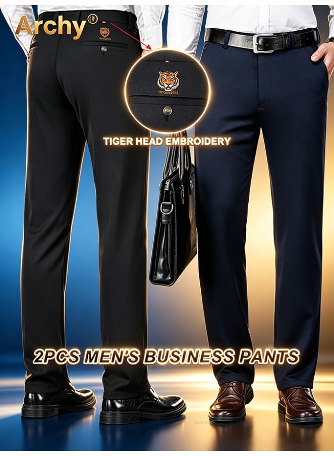 Archy 2PCS Men's Tiger Head Embroidery Business Pants - 4-Way Stretch Straight Fit | Wrinkle-Resistant, High-Waist Loose Design for Middle-Age | Black & Navy Set - Image 1