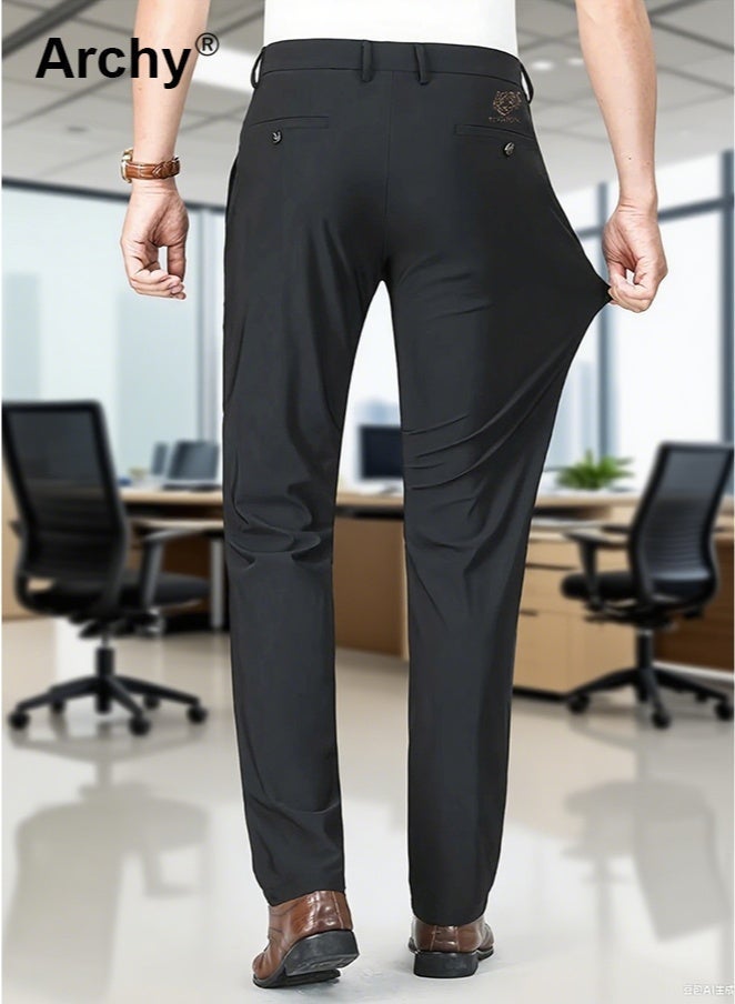 Archy 2PCS Men's Tiger Head Embroidery Business Pants - 4-Way Stretch Straight Fit | Wrinkle-Resistant, High-Waist Loose Design for Middle-Age | Black & Navy Set - Image 4