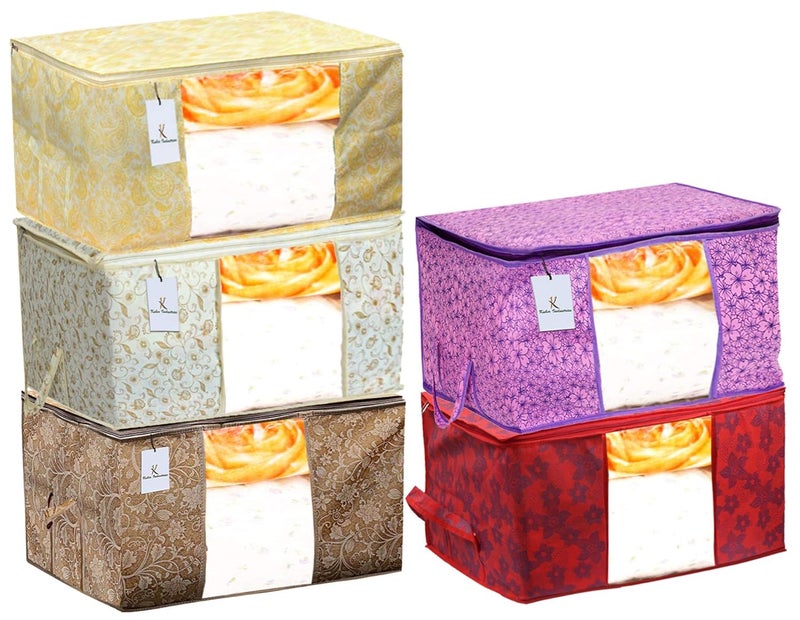 Kuber Industries Metalic Printed 5 Piece Non Woven Fabric Underbed Storage BagCloth OrganiserBlanket Cover with Transparent Window Red Beige Brown Pink Purple Gold CTKTC41126 Standard - Image 1
