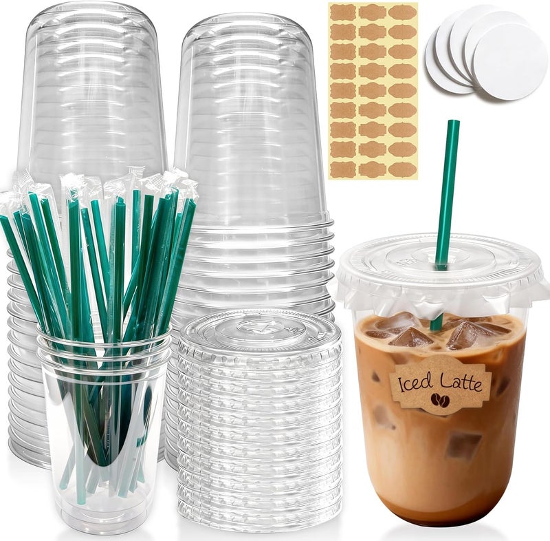Eclatbox 25 Sets 16 oz Clear Plastic Cups with Lids and Straws, Disposable Iced Coffee Cups for Cold Beverages, Smoothies, Bubble Tea, Includes Leak-Proof Paper and Stickers - Image 1
