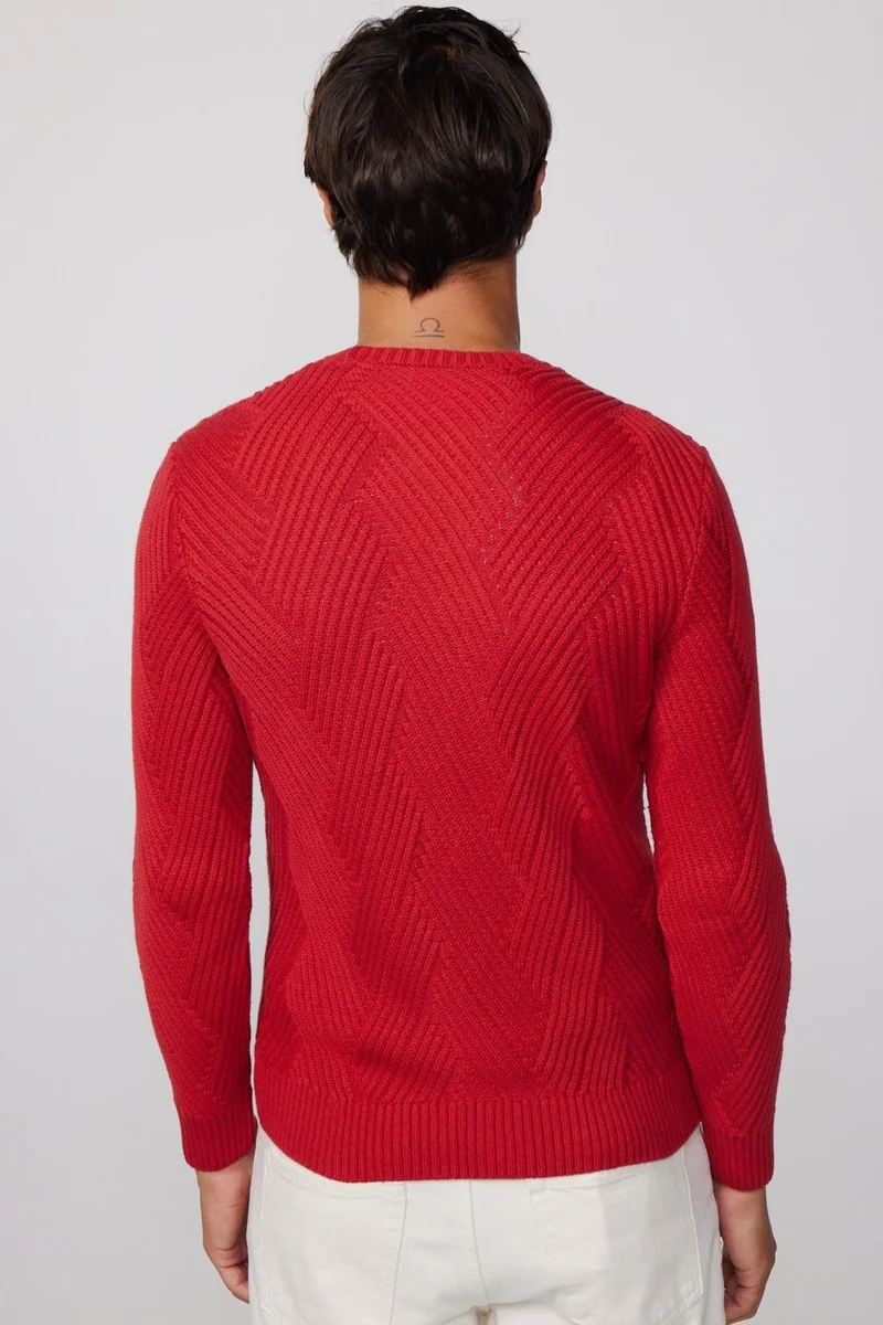تودورس Crew Neck Patterned Soft Texture Men's Red Sweater
