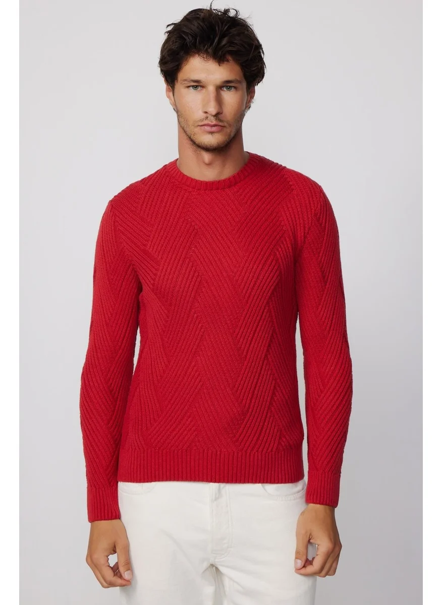 Tudors Crew Neck Patterned Soft Texture Men's Red Sweater