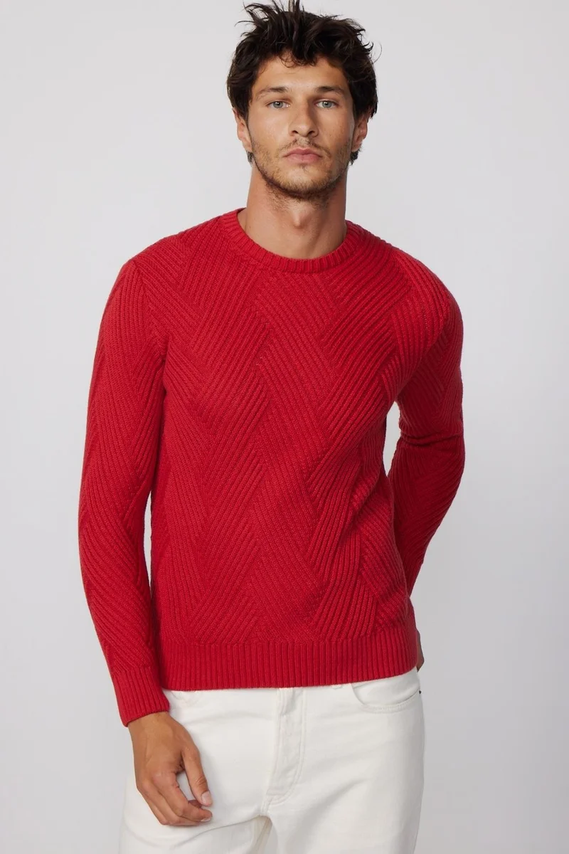 تودورس Crew Neck Patterned Soft Texture Men's Red Sweater