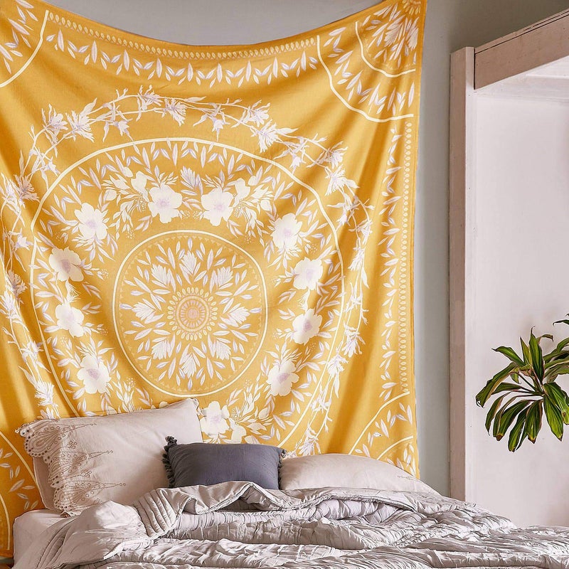 Simpkeely Sketched Floral Medallion Yellow Tapestry Bohemian Mandala Wall Hanging Tapestries Indian Art Print Mural for Bedroom Living Room Dorm Home Dcor 591 x 80 Inches Yellow