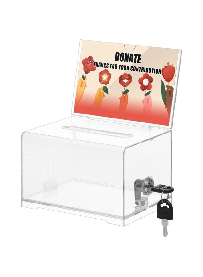 Clear Acrylic Donation Box with Lock and Sign Holder – Suggestion Ballot Raffle Box for Voting Fundraising Tip Jar