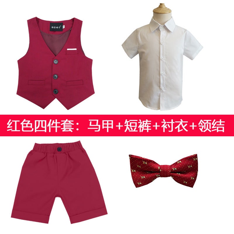 New Childrens Small Suit Boys Dress Stage Performance Host Performance Dress Summer Vest Handsome Suit Red four-piece suit (vest + shorts + shirt + bow tie)