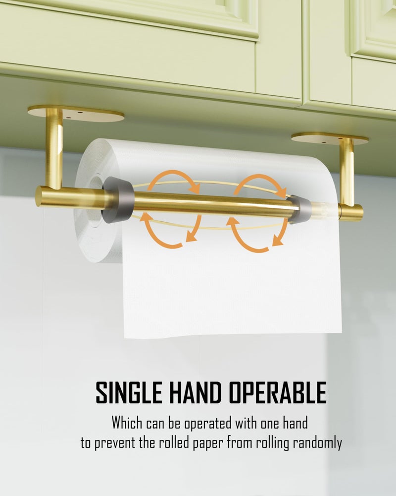 BATHDANCE Paper Towel Holder Under Cabinet, Single Hand Operable Roll Holder with Damping Effect,No Drilling or Wall Mounted SUS304 Stainless Steel for Kitchen Bathroom (Brushed Gold) - Image 2